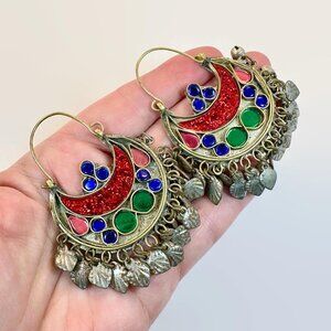 Vintage Middle Eastern Earrings: Hoops, Red, Blue, Jewels, Afghan, Belly Dance